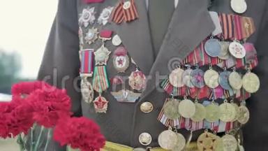 伟大的卫国战争和第二次世界大战的退伍军人穿着制服，戴着许多徽章和命令，带着红花。 关闭